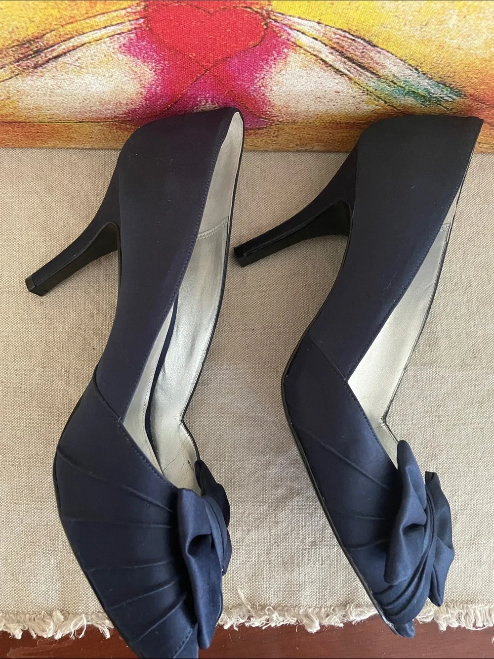 Nina Navy Satin Peep-Toe Bow Heels Sz 10 style Forbes 3”